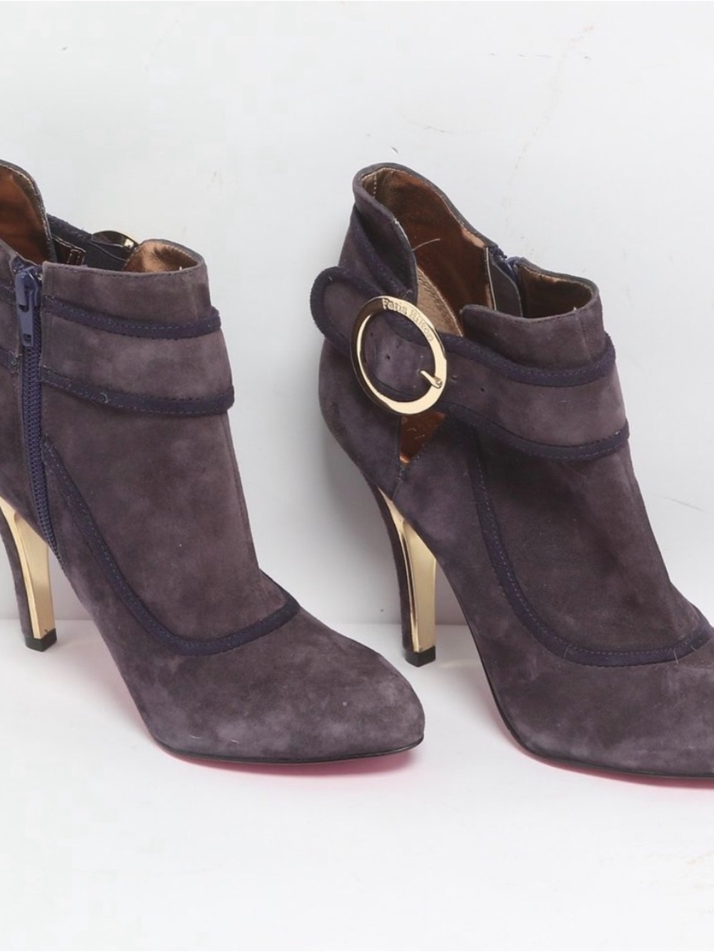 Paris Hilton Palms Purple Suede Stiletto Ankle Bootie Size 8.5 Gold Buckle